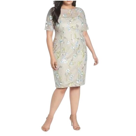 NEW Adrianna Papell Beaded Sheath Dress Size 14W Embroidered Floral Lace Gray - Picture 1 of 13
